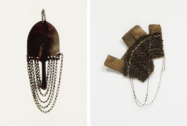 [left] David Hammons, Spades with Chains, 1973. Artwork: © 2021 David Hammons [right] David Hammons, Untitled, 1988. Museum of Modern Art, New York, Artwork: © 2021 David Hammons